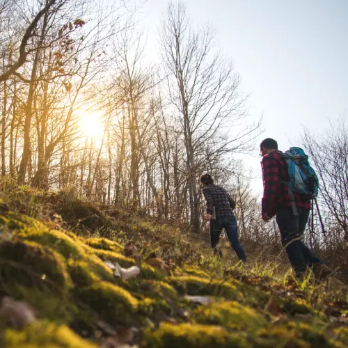 Dos senderistas caminando por el bosque